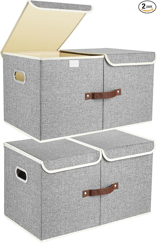TYEERS Extra Large Collapsible Storage Bins with Lids and Compartments, Organizing Bins for Closet Storage, Clothes Storage, Cube Organizer for Home Office Storage - 2 Pack - Gray