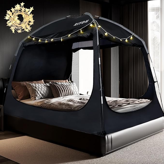 Bed Tent Bed Canopy Breathable 100% for Adult and Kids- Original Design Light Reduction 93% Sleeping Dream Tents Indoor Portable Big Space with String Light 3 Doors Twin Full Queen King Size