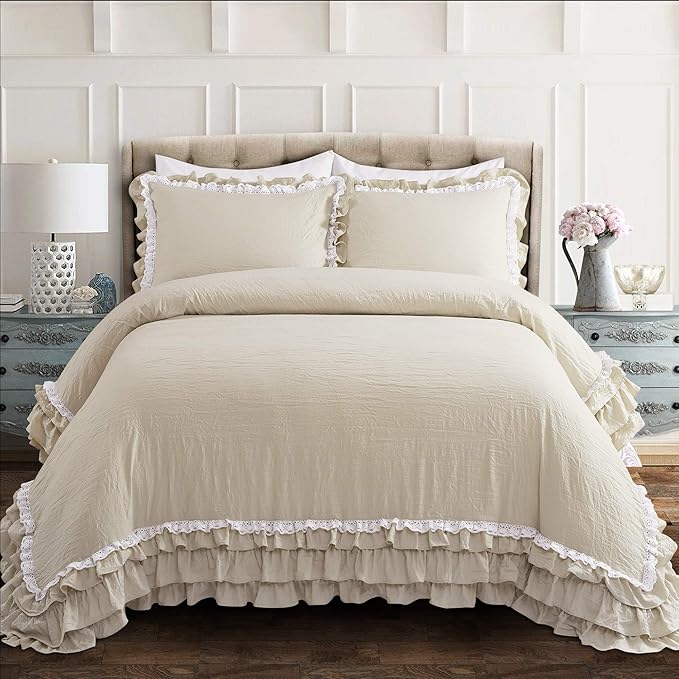 Lush Decor Ella Ruffle Lace Comforter, 3 Piece Set, Full/Queen, Neutral - Cute Comforter - Queen Bedding Set - Beige Bedding Full Size - Coquette Decor - Beige Lace Trim - Ruffle Trim