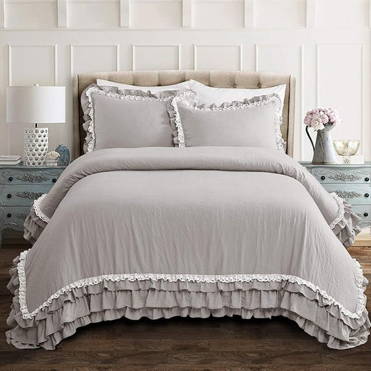 Lush Decor Ella Ruffle Lace Comforter, 3 Piece Set, King, Light Gray - Cute Comforter - King Bedding Set - Gray Bedding - Coquette Decor - Ruffle Trim - Lace Trim