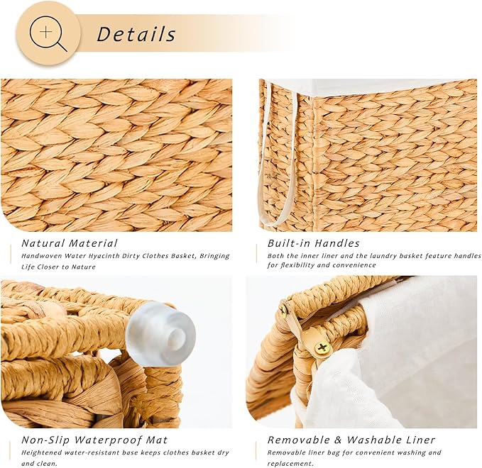 Handwoven Slim Laundry Hamper with Lid, 55L Natural Water Hyacinth Basket and Handles, Narrow Wicker Laundry Basket with Removable Liner Bag & 2 Mesh Bags