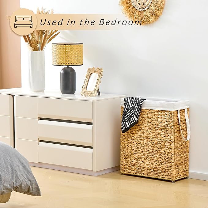 Handwoven Slim Laundry Hamper, 75L Narrow Laundry Basket, Natural Water Hyacinth Basket and Handles and Removable Liner Bag & 2 Mesh Bags (Natural, 75L)