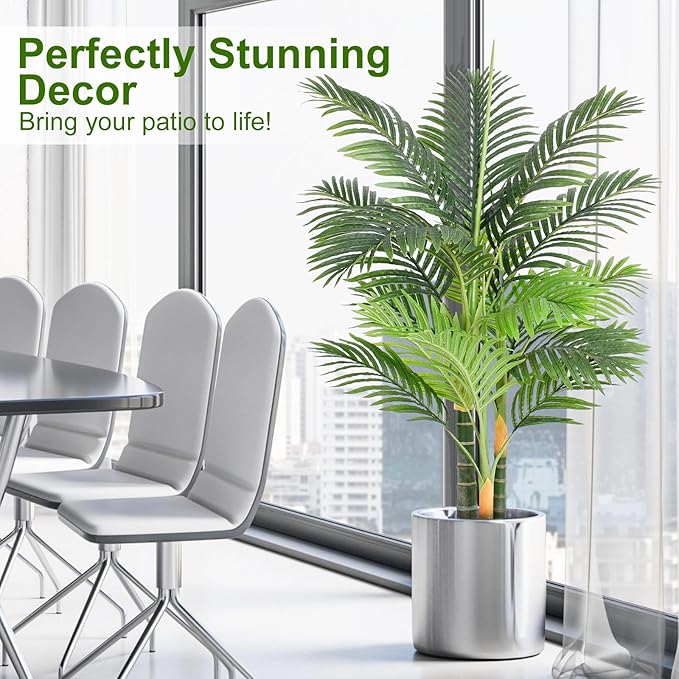 4ft Tall Triple Golden Cane Palm Artificial Tree Large Tropical Palm Tree UV Resistant Fake Plant in Pot for Indoor Outdoor Big House Living Room Outside Patio Office Home Decor 1Pack
