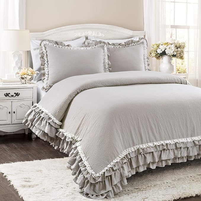 Lush Decor Ella Ruffle Lace Comforter, 3 Piece Set, King, Light Gray - Cute Comforter - King Bedding Set - Gray Bedding - Coquette Decor - Ruffle Trim - Lace Trim