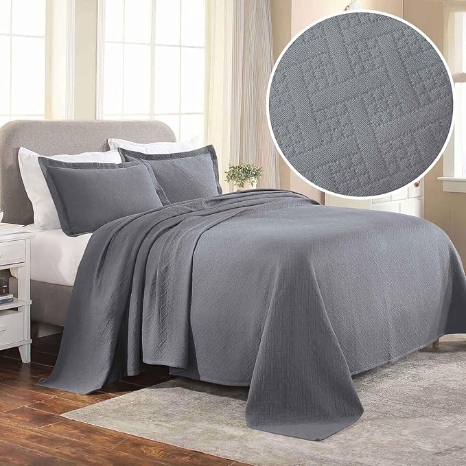 Superior 3 Piece Basketweave Cotton Bedspread Set, Home Bed Decor, Decorative Bed Spread, 2 Pillow Shams, Medium Weight Blanket, Matelasse Coverlet Bedding, Geometric Lattice Pattern, Queen, Grey