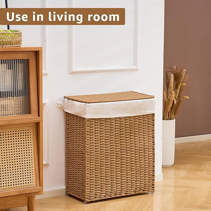 Slim Wicker Laundry Hamper with Lid, 75L Handwoven Rattan Basket with Handles, Narrow Laundry Basket with Removable Liner Bag & 2 Mesh Bags
