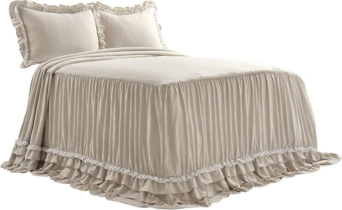 Lush Decor Ella Ruffle Lace Bedspread, 3 Piece Set, King, Neutral - Cute Bed Set - King Bedding - Beige Bedding - Coquette Decor - Neutral Ruffle Trim - Beige Lace Trim