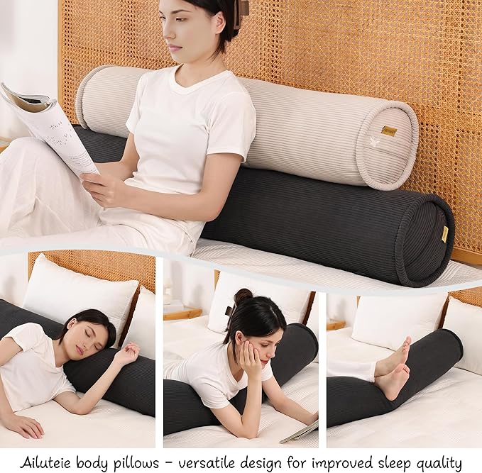 Long Round Body Pillow for Adults – Corduroy Cervical Roll Bolster Pillow, Firm Support for Spine Alignment & Side Sleeping,39 x 7.87 Inches,Lamp Black