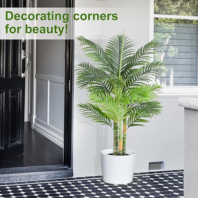 4ft Tall Triple Golden Cane Palm Artificial Tree 48" Large Tropical Palm Tree UV Resistant Fake Tree in Pot for Indoor Outdoor Big House Living Room Outside Patio Office Home Decor 2Pack