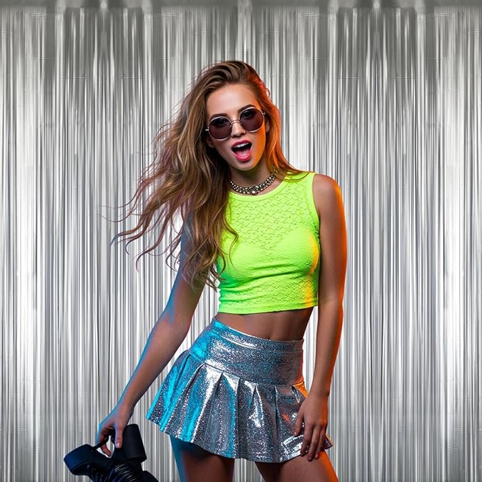 GOER 3.2 ft x 8.2 ft Metallic Tinsel Foil Fringe Curtains Party Photo Backdrop Party Streamers for Birthday,Graduation,New Year Eve Decorations Wedding Decor (3 Pcs,Matte Silver,Thick Material)