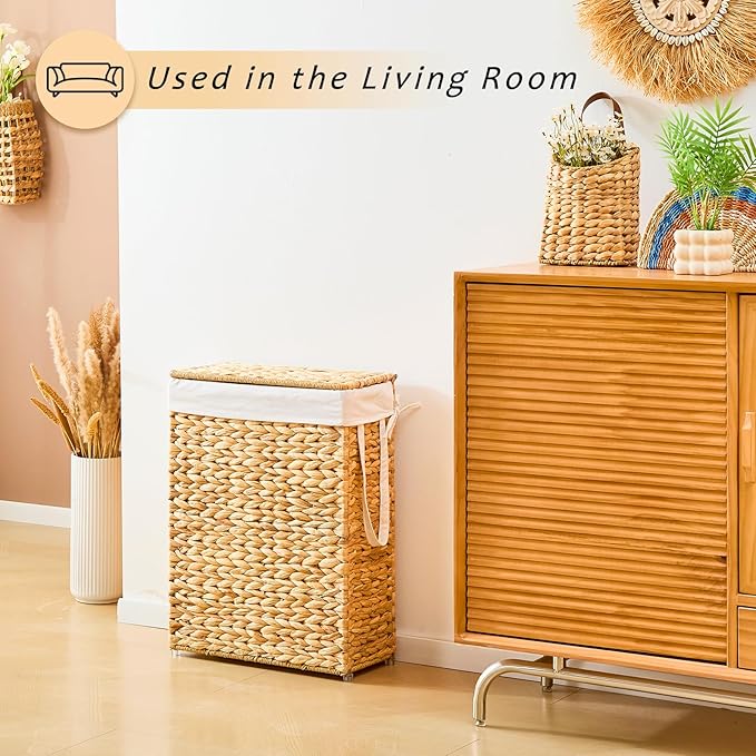 Handwoven Slim Laundry Hamper with Lid, 55L Natural Water Hyacinth Basket and Handles, Narrow Wicker Laundry Basket with Removable Liner Bag & 2 Mesh Bags