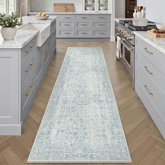 Blue Runner Rug 2x12 Hallway Machine Washable Kitchen Vintage Distressed Non Slip Long Carpet Indoor Retro Floral Bedroom Accent Throw Rug for Bathroom Office Laundry Dining Room