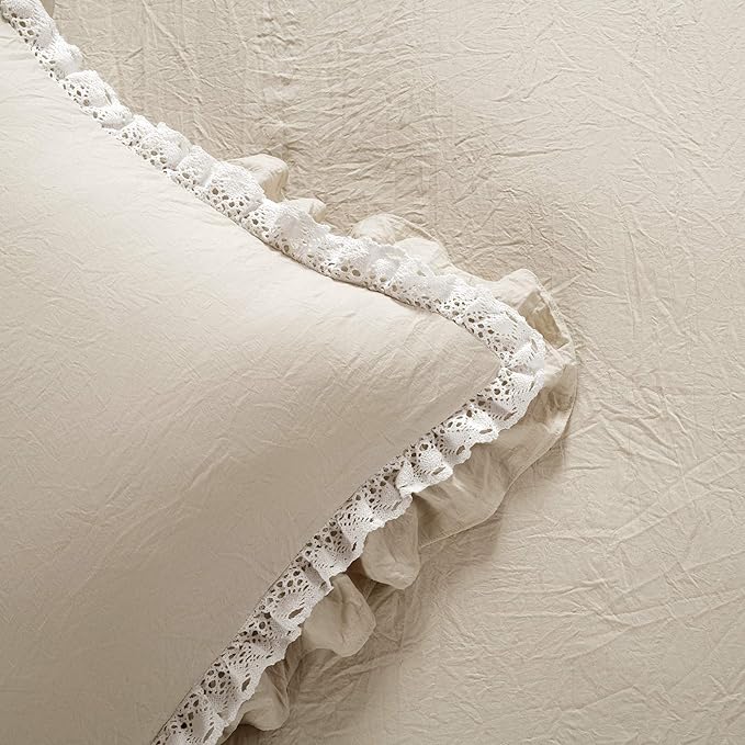 Lush Decor Ella Ruffle Lace Comforter, 3 Piece Set, King, Neutral - Cute Comforter - King Bedding Set - Beige Bedding - Coquette Decor - Beige Lace Trim - Ruffle Trim