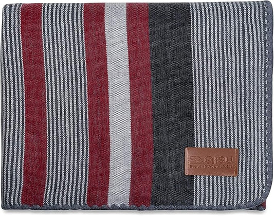Qisu Alpaca Wool Blanket Throw | Queen, Beautiful, Warm, Stripes | 85 x 65 inches | Ultra-Soft, Hypoallergenic and Breathable | Non-Itchy or Scratchy Fabric (Red Grey Stripe)