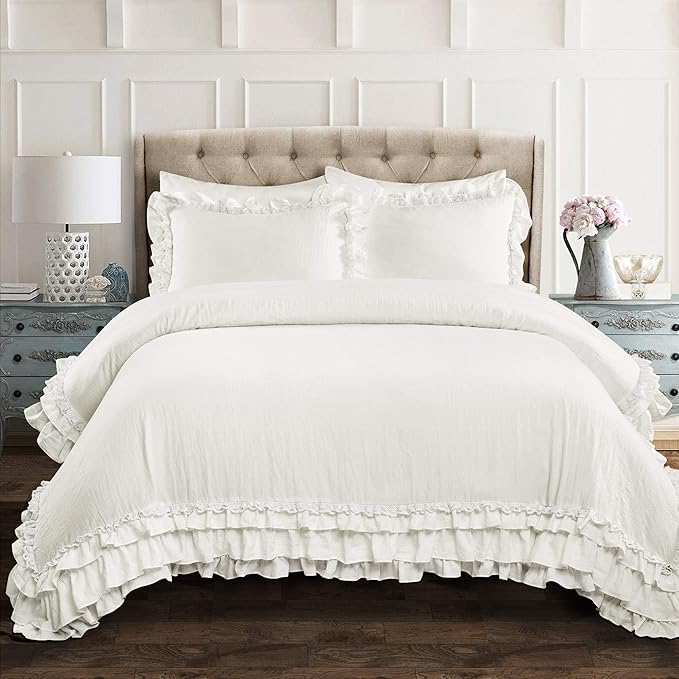 Lush Decor Ella Ruffle Lace Comforter, 3 Piece Set, King, White - Cute Comforter - King Bedding Set - White Bedding - Coquette Decor - Ruffle Trim - Lace Trim