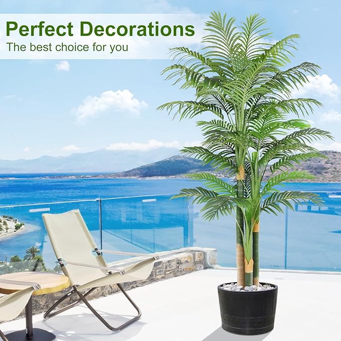 7ft Tall Triple Golden Cane Palm Artificial Tree Large Tropical Palm Tree UV Resistant Fake Plant in Pot for Indoor Outdoor Big House Living Room Outside Patio Office Home Decor 1Pack