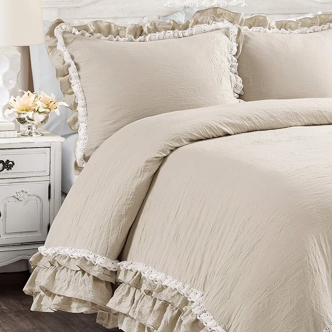 Lush Decor Ella Ruffle Lace Comforter, 3 Piece Set, Full/Queen, Neutral - Cute Comforter - Queen Bedding Set - Beige Bedding Full Size - Coquette Decor - Beige Lace Trim - Ruffle Trim