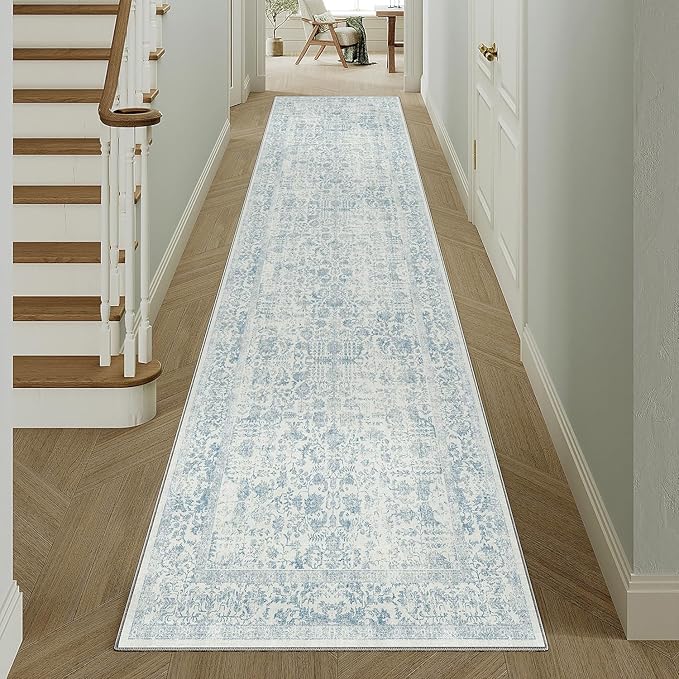 Blue Runner Rug 2x12 Hallway Machine Washable Kitchen Vintage Distressed Non Slip Long Carpet Indoor Retro Floral Bedroom Accent Throw Rug for Bathroom Office Laundry Dining Room