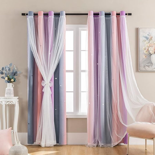 XiDi Curtains for Bedroom Decor, Rainbow GreyPinkPu-52-90