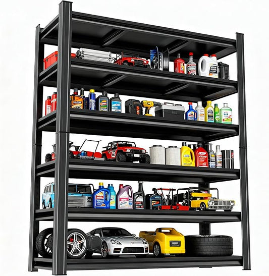 Storage Shelves, Garage Metal Shelving Unit, Adjustable, Double-Layer Column with Reinforced Ribs, Heavy-Duty, Capable of Bearing 600-3600 lbs (Black, 45''W*20''D*77''H, 6-Tier)