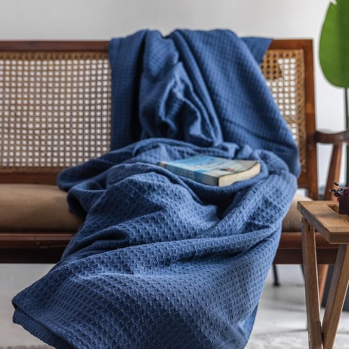 Salt Earth 100% Cotton Throw Blanket, Queen, 90"X92" Waffle Throws for Home, Bedrooms, Outdoor and Office Couch, Modern & Cozy Room Decor Blankets, Lightweight, All Season Western Blanket (Navy)