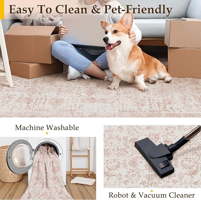 Pink Runner Rug 2x6 Hallway Machine Washable Kitchen Vintage Distressed Non Slip Long Carpet Indoor Retro Floral Bedroom Accent Throw Rug for Bathroom Office Laundry Dining Room