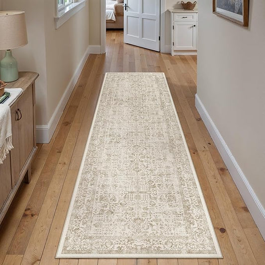 Light Brown Runner Rug 2'6"x10' Washable Carpet for Hallway Kitchen Vintage Distressed Non Slip Indoor Retro Floral Bedroom Accent Throw Long Rug Bathroom Office Laundry Dining Living Room
