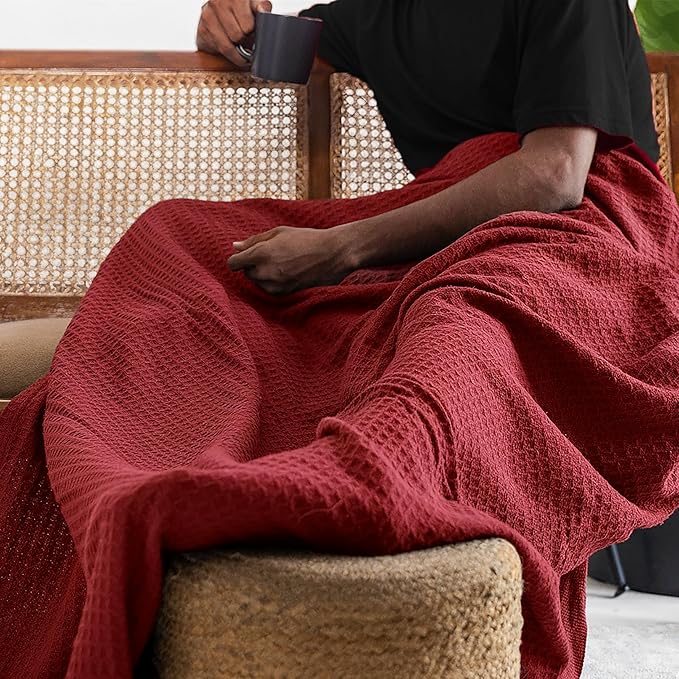 Salt Earth 100% Cotton Throw Blanket, Twin, 68"X92" Waffle Throws for Home, Bedrooms, Outdoor Couch, Office Couch, Modern Cozy Bed Room Decor Blankets,Lightweight All Season Western Blanket(Red)