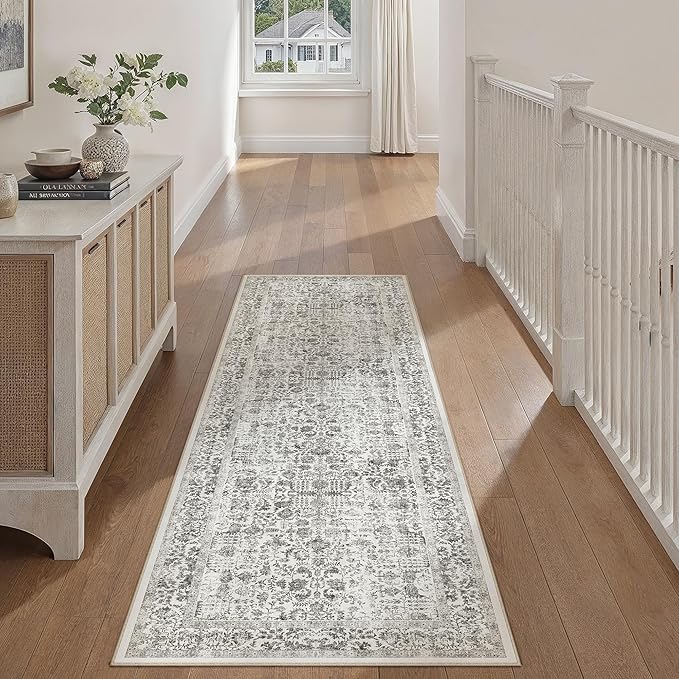 Black Runner Rug 2'6"x8' Washable Carpet for Hallway Kitchen Vintage Distressed Non Slip Indoor Retro Floral Bedroom Accent Throw Long Rug Bathroom Office Laundry Dining Living Room