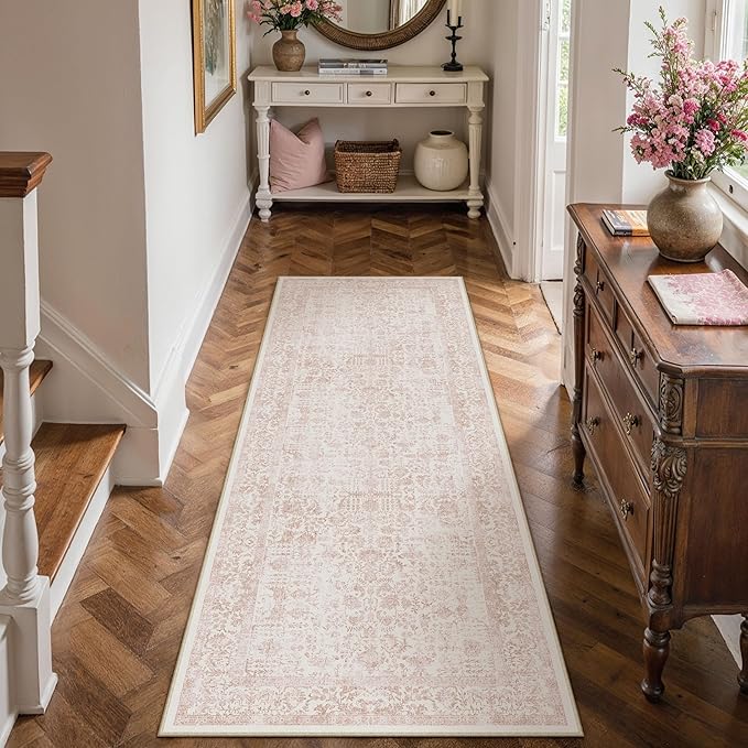 Pink Runner Rug 2x6 Hallway Machine Washable Kitchen Vintage Distressed Non Slip Long Carpet Indoor Retro Floral Bedroom Accent Throw Rug for Bathroom Office Laundry Dining Room