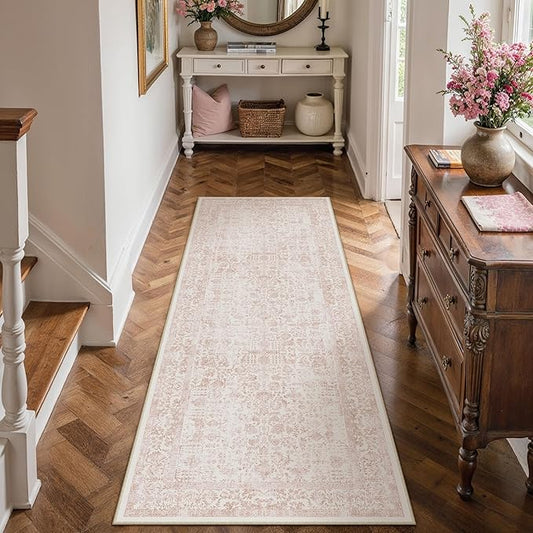 Pink Runner Rug 2x6 Hallway Machine Washable Kitchen Vintage Distressed Non Slip Long Carpet Indoor Retro Floral Bedroom Accent Throw Rug for Bathroom Office Laundry Dining Room