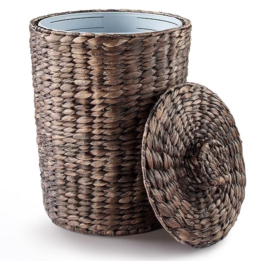 4 Gallons Wicker Waste Basket - Water Hyacinth Bathroom Trash Can - Garbage Can with Lid Boho Style - Wicker Trash Can with Lid for Bedroom, Kitchen - Removable Liner (Black Color)