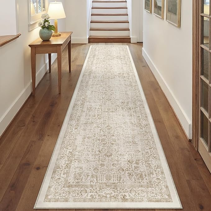 Light Brown Runner Rug 2x10 Hallway Machine Washable Kitchen Vintage Distressed Non Slip Long Carpet Indoor Retro Floral Bedroom Accent Throw Rug for Bathroom Office Laundry Dining Room