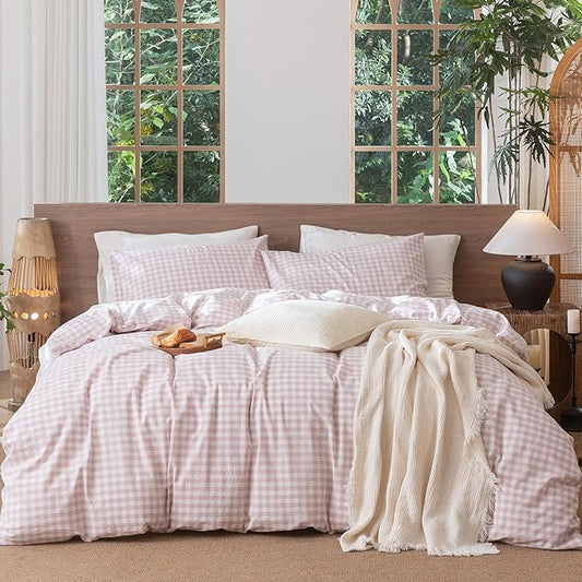 MooMee Gingham Duvet Cover Set 100% Washed Cotton Linen Like Textured Breathable Durable Soft Comfy Modern Checkered Design (Classic Gingham Greyish Pink, Full 80"x90")