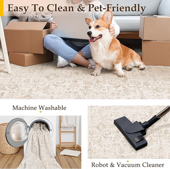 Beige Area Rug 5x7 Machine Washable Vintage Living Room Distressed Non Slip Carpet Traditional Indoor Bedroom Retro Floral Accent Throw Large Rug for Office Kitchen Bathroom Dining Room