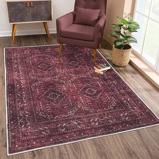 Bloom Rugs Washable Non-Slip 6' x 9' Rug - Dark Red Traditional Bordered Area Rug for Living Room, Bedroom, Dining Room, and Kitchen - Exact Size: 6' x 9'