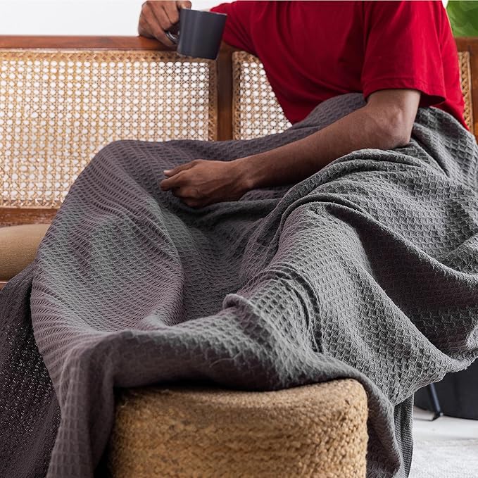 Salt Earth 100% Cotton Throw Blanket, Twin, 68"x92" Waffle Throws for Home, Bedrooms, Outdoor and Cozy Couch, Modern Bed Room Decor Blankets, Lightweight,All Season Western Blanket (Charcoal Grey)