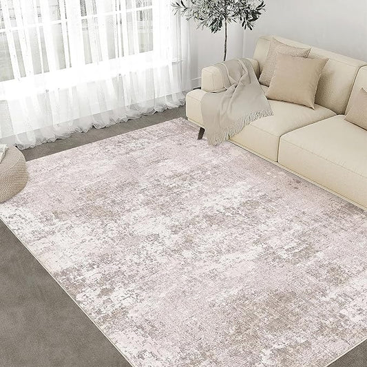 Washable Beige Area Rug 5x7 Modern Abstract Living Room Carpet Neutral Soft Bedroom Throw Rug Low Pile Non Slip Floor Cover for Office Laundry Dining Room Kitchen Bathroom
