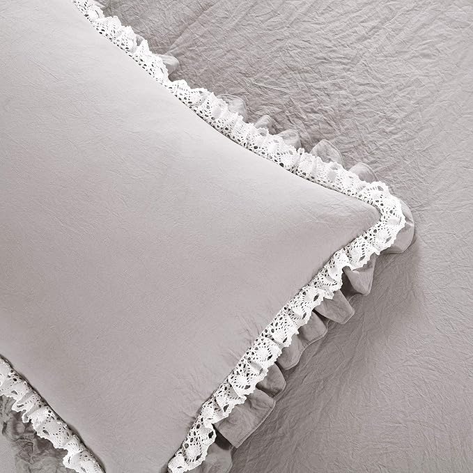 Lush Decor Ella Ruffle Lace Comforter, 3 Piece Set, King, Light Gray - Cute Comforter - King Bedding Set - Gray Bedding - Coquette Decor - Ruffle Trim - Lace Trim