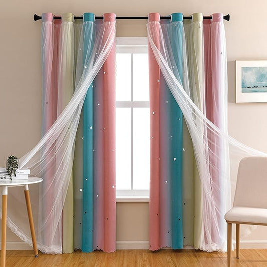XiDi Dream Star Blackout Curtains for Kids Rooms Girl Princess Curtain for Daughter Bedroom Window (Pink Blue, W34 X L72)