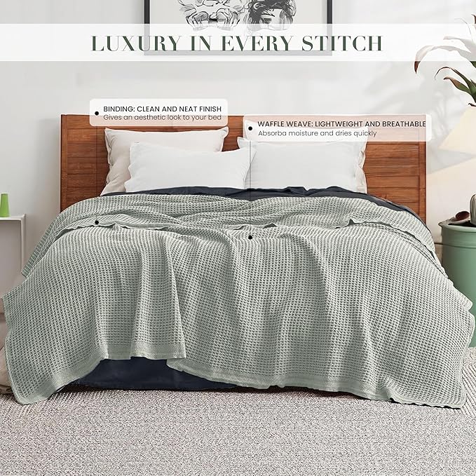 Salt Earth 100% Cotton Throw Blanket, Queen, 90"X92" Waffle Throws for Home, Bedrooms, Outdoor & Office Couch, Cozy Room Decor Blankets, Christmas Blankets and Throws (Sea Foam)