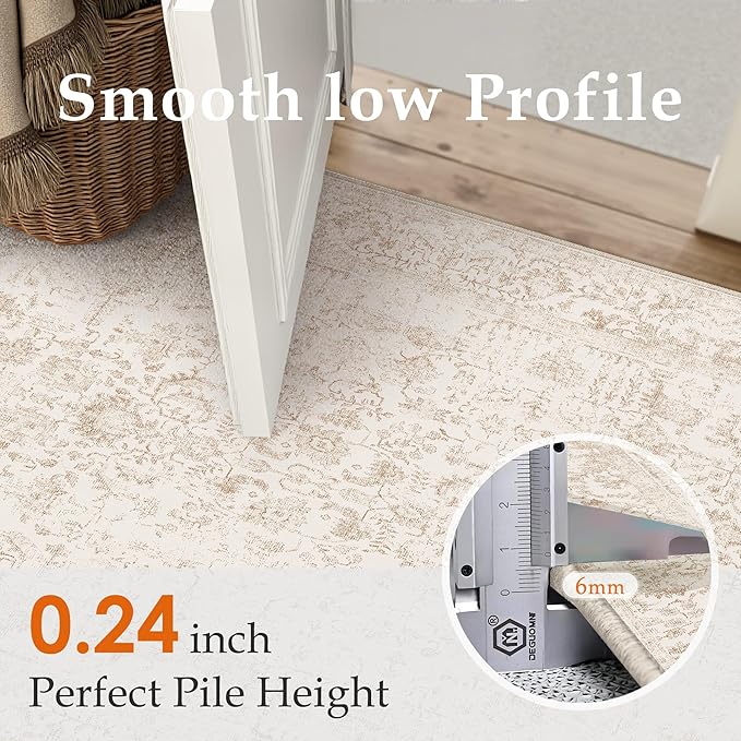 Beige Area Rug 5x7 Machine Washable Vintage Living Room Distressed Non Slip Carpet Traditional Indoor Bedroom Retro Floral Accent Throw Large Rug for Office Kitchen Bathroom Dining Room