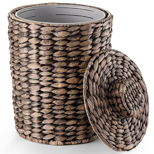 2 Gallons Wicker Waste Basket - Water Hyacinth Bathroom Trash Can - Garbage Can with Lid Boho Style - Wicker Trash Can with Lid for Bedroom, Kitchen - Removable Liner, Handwoven (Black Color)