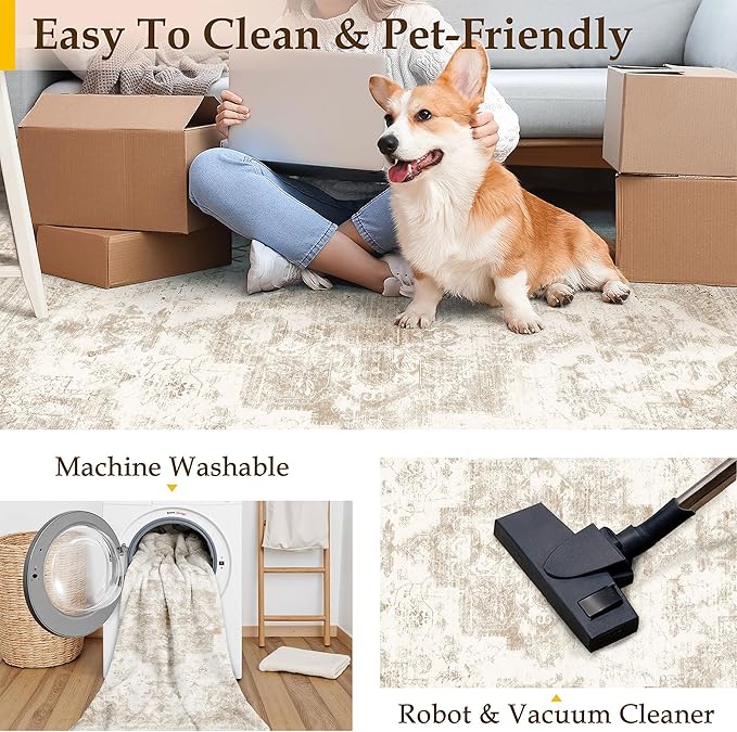 Area Rug 9x12 Cream Washable Living Room Beige Carpet Non Slip Vintage Medallion Indoor Bedroom Beige Carpet Low Pile Soft Retro Distressed Large Rug Home Office Dining Room Playroom