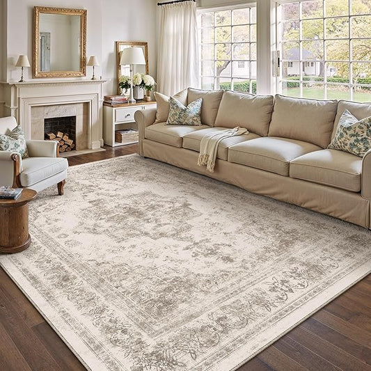 Area Rug 9x12 Beige Washable Living Room Carpet Non Slip Vintage Medallion Indoor Bedroom Carpet Low Pile Soft Retro Distressed Large Rug Home Office Dining Room Playroom