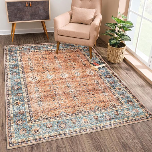 Bloom Rugs Washable Non-Slip 4' x 6' Rug - Orange/Teal Blue Traditional Bordered Area Rug for Living Room, Bedroom, Dining Room, and Kitchen - Exact Size: 4' x 6'