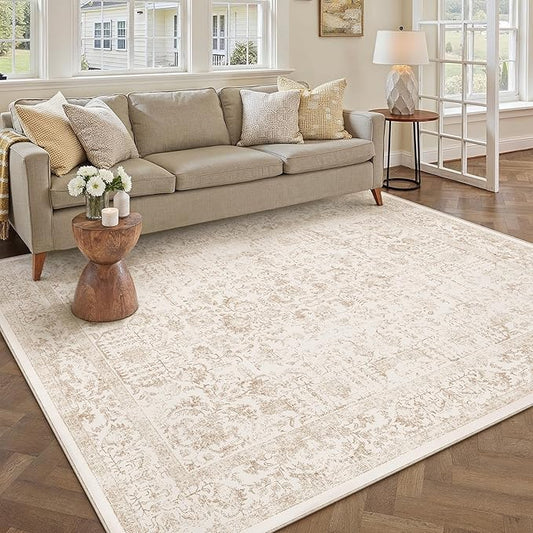 Beige Area Rug 5x8 Machine Washable Vintage Living Room Distressed Non Slip Carpet Traditional Indoor Bedroom Retro Floral Accent Throw Large Rug for Office Kitchen Bathroom Dining Room