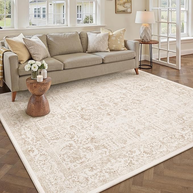 Beige Area Rug 5x7 Machine Washable Vintage Living Room Distressed Non Slip Carpet Traditional Indoor Bedroom Retro Floral Accent Throw Large Rug for Office Kitchen Bathroom Dining Room