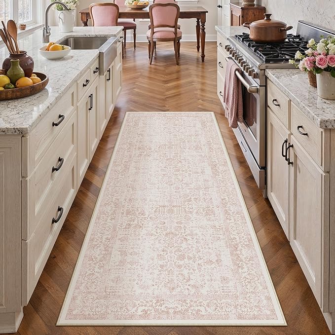 Pink Runner Rug 2x6 Hallway Machine Washable Kitchen Vintage Distressed Non Slip Long Carpet Indoor Retro Floral Bedroom Accent Throw Rug for Bathroom Office Laundry Dining Room