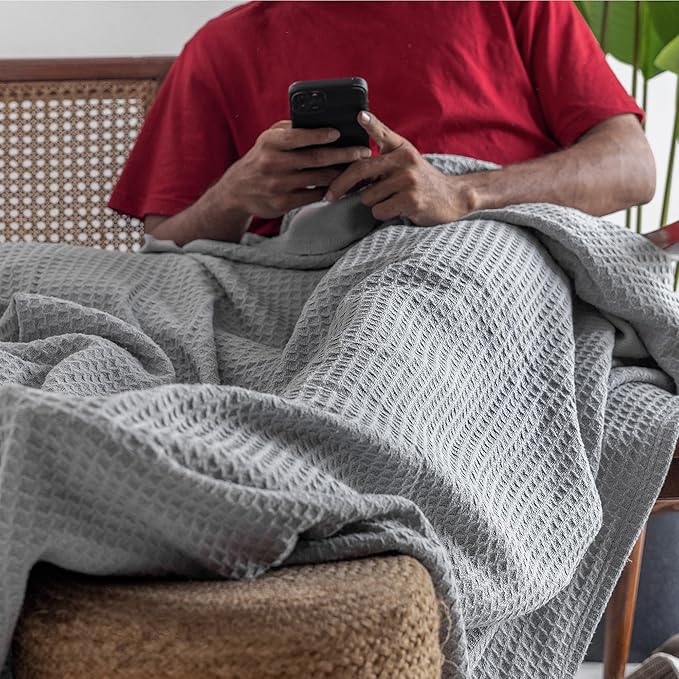 Salt Earth Organic Cotton Throw Blanket, Queen, 90"X92" Waffle Throws for Home, Bedrooms, Outdoor & Office Couch, Modern Room Decor Blankets, Lightweight, All Season Western Blanket (Scottish Grey)